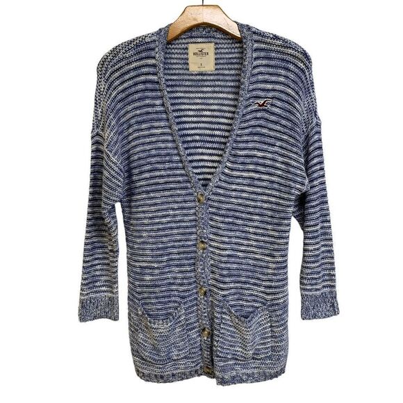 Hollister Womens sz Small denim blue white striped drop sleeve Cardigan sweater - Picture 7 of 12
